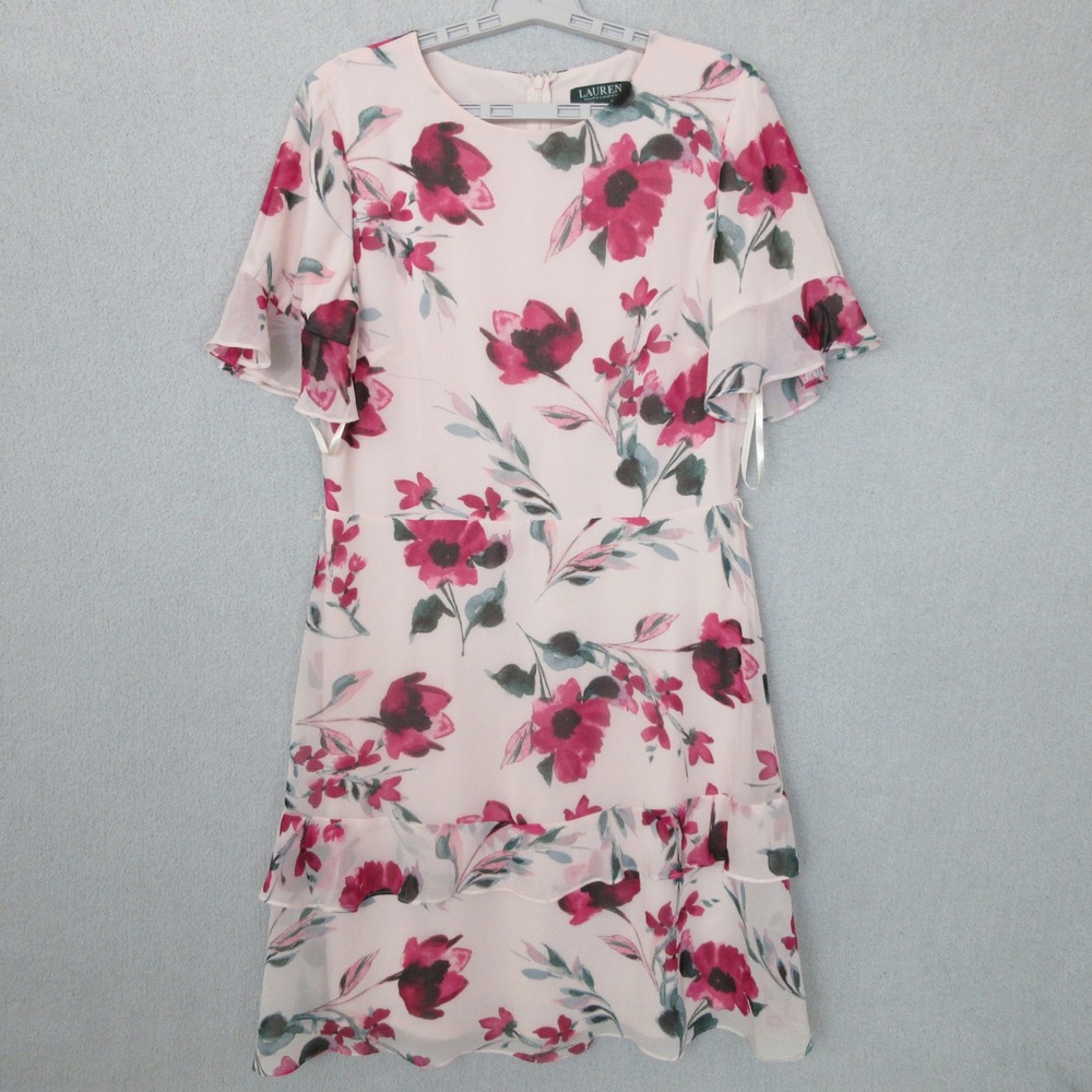 Lauren Ralph Lauren Floral Tiered Dress Pink Magenta Size 12 Flutter Sleeve